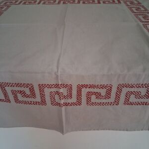 Vintage Embroidered Greek Key Table Topper Redwork Greige Linen Tablecloth 34x32